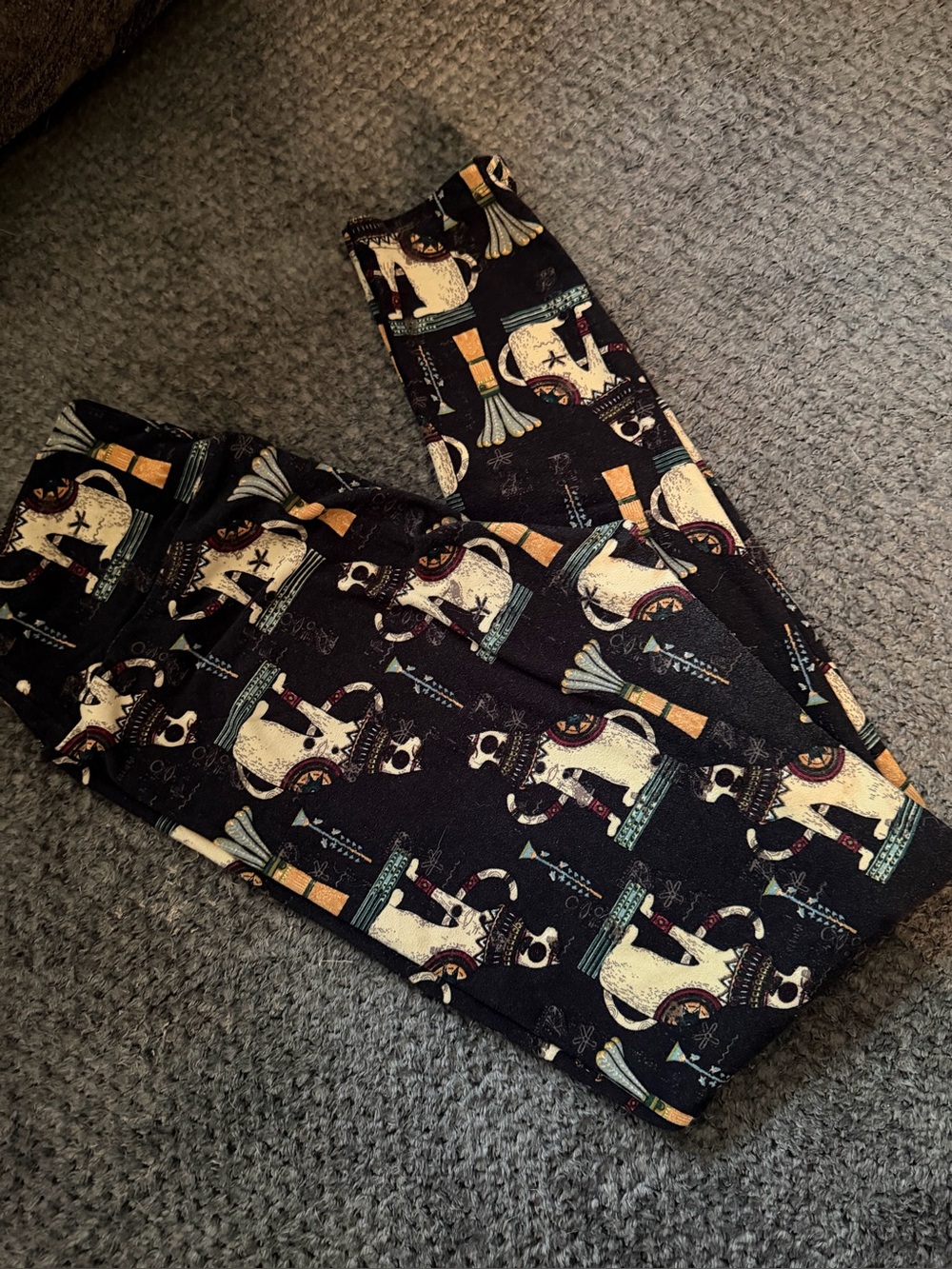 Ladies OS  Black Patterned Leggings - Egyptian Cat Carousel Print